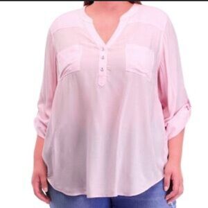 Philosophy Woman Tunic Top Pink 1X RollTab Long Sleeve Band Collar Pockets NWT